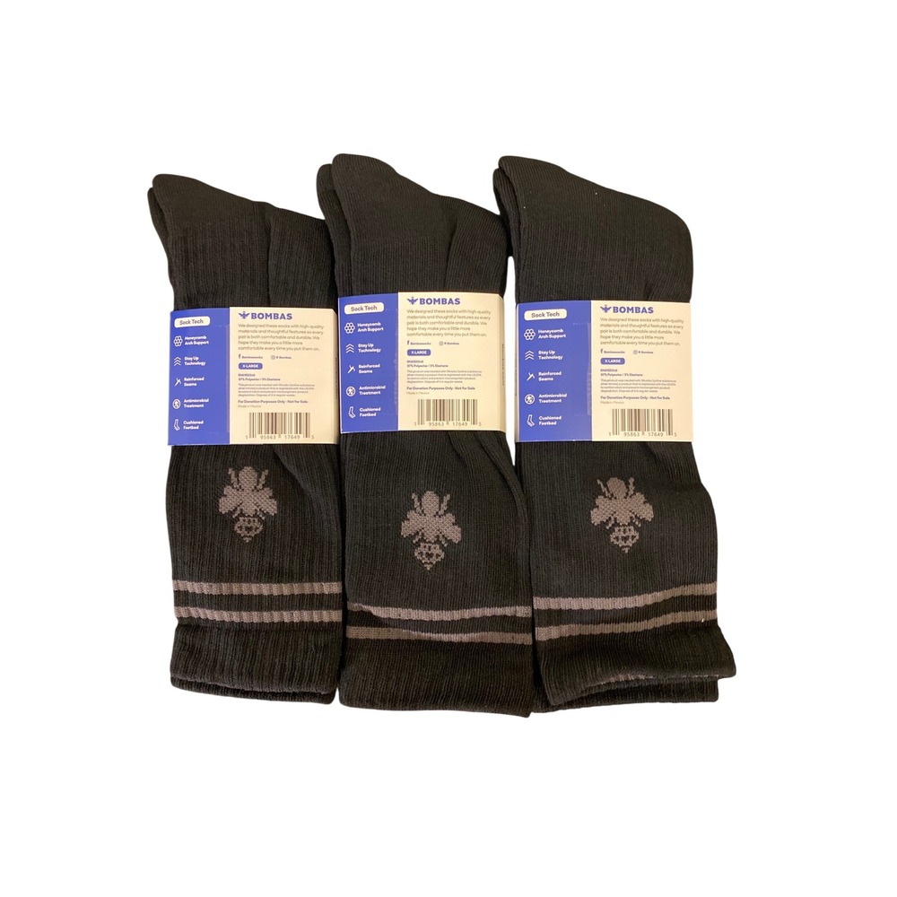 Bombas Mens Crew Socks 3 Pairs Black Grey Striped Honeycomb Arch Support XL NEW - Picture 2 of 4